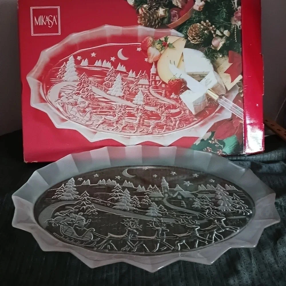 -Mikasa christmas frosted holiday classics oval glass dish platter